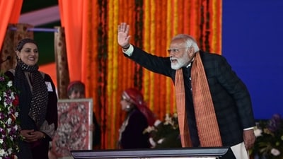 A file photo of Prime Minister Narendra Modi during the launch of various projects and a public rally,at Bakshi Stadium in Srinagar on March 7. (Waseem Andrabi /Hindustan Times)
