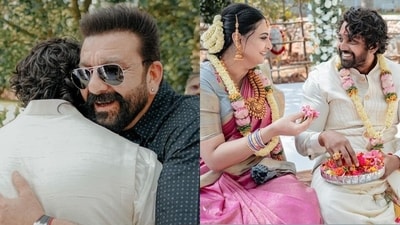 Sanjay Dutt looked happy to be attending Dhruva Sarja's son's naming ceremony. (Instagram/Classy Captures) Sanjay Dutt looked happy to be attending Dhruva Sarja's son's naming ceremony. (Instagram/Classy Captures)
