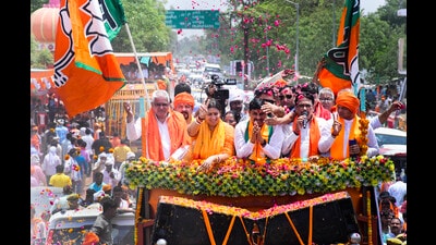 Union Minister Smriti Irani during a roadshow before filing her nomination, in Amethi, on Monday. (PTI) Union Minister Smriti Irani during a roadshow before filing her nomination, in Amethi, on Monday. (PTI)