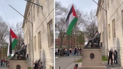 Harvard University students flew a Palestinian flag in a spot reserved for the American flag (@DrEliDavid/X) Harvard University students flew a Palestinian flag in a spot reserved for the American flag (@DrEliDavid/X)