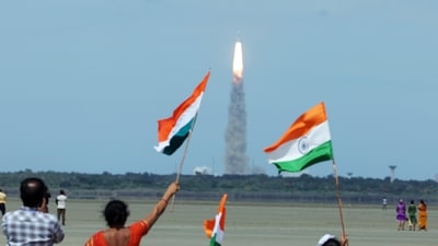 People wave the national flag as they celebrate the launch of Chandrayaan-3 mission from the Satish Dhawan Space Centre, in Sriharikota. (ANI) People wave the national flag as they celebrate the launch of Chandrayaan-3 mission from the Satish Dhawan Space Centre, in Sriharikota. (ANI)
