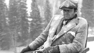 Jack Nicholson takes a rest in snow on the sets of Stanley Kubrick's The Shining. Jack Nicholson takes a rest in snow on the sets of Stanley Kubrick's The Shining.