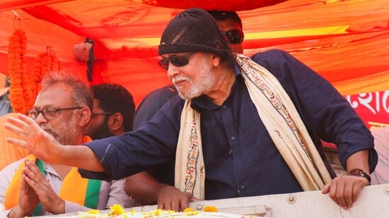 Actor and BJP leader Mithun Chakraborty during a road show in Nalhati, Birbhum, West Bengal.(PTI)