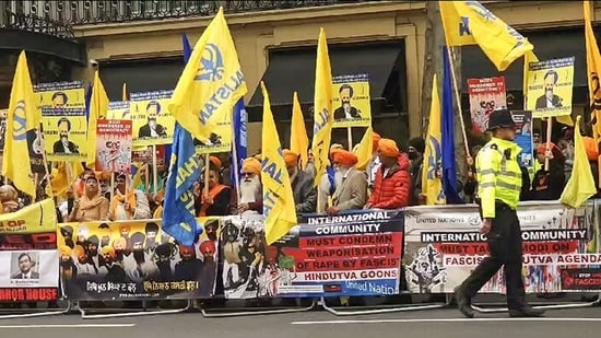 File photo of Khalistan supporters stage a protest outside the Indian High Commission in London, UK. (Representational image) (ANI)