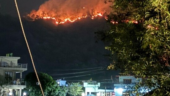 Forest fire raging in Ranibagh area of Uttarakhand’s Nainital district on Saturday night.