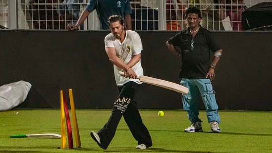Actor and Kolkata Knight Riders' Co-owner Shah Rukh Khan plays cricket with a tennis ball ahead of an Indian Premier League (IPL) 2024 T20 cricket match between Kolkata Knight Riders and Delhi Capitals (PTI)