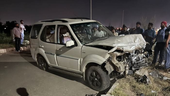 The mangled Tata Safari that collided with a Hyundai i10 at high speed on Airport Road on Monday night. (HT Photo)