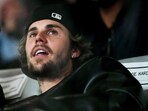 Feb 11, 2024; Paradise, Nevada, USA;  Recording artist Justin Bieber watches play during the third quarter of Super Bowl LVIII between Kansas City Chiefs and San Francisco 49ers at Allegiant Stadium. Mandatory Credit: Joe Camporeale-USA TODAY Sports