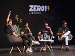 The image shows Nithin Kamath in conversation with others at the Zero1 Fest. It is his first public appearance since his stroke. The image shows Nithin Kamath in conversation with others at the Zero1 Fest. It is his first public appearance since his stroke.