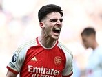 Arsenal's Declan Rice celebrates after the match against Tottenham Hotspur.
