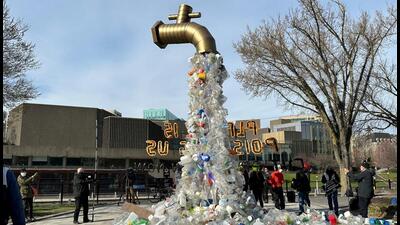 A prop depicting a water tap with cascading plastic bottles is displayed by activists near the Shaw Centre venue of penultimate negotiations for the first-ever global plastics treaty, in Ottawa, Ontario, Canada on April 23. (REUTERS) A prop depicting a water tap with cascading plastic bottles is displayed by activists near the Shaw Centre venue of penultimate negotiations for the first-ever global plastics treaty, in Ottawa, Ontario, Canada on April 23. (REUTERS)