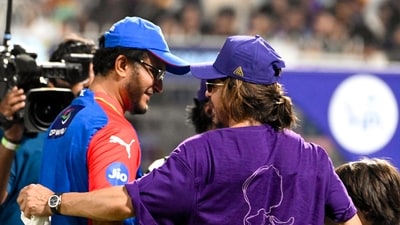 Delhi Capitals' Director of Cricket Sourav Ganguly and Kolkata Knight Riders (KKR) co-owner and Bollywood actor Shah Rukh Khan interact with each other after the match (ANI) Delhi Capitals' Director of Cricket Sourav Ganguly and Kolkata Knight Riders (KKR) co-owner and Bollywood actor Shah Rukh Khan interact with each other after the match (ANI)