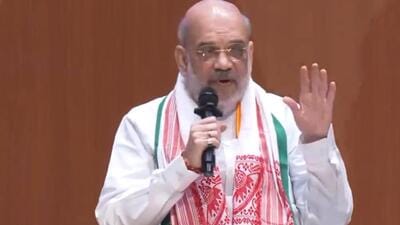 Amit Shah was addressing media persons in Assam’s Guwahati. (ANI screengrab) Amit Shah was addressing media persons in Assam’s Guwahati. (ANI screengrab)