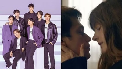 New rom-com drama The Idea of You stars Anne Hathaway and Nicholas Galitzine. Set for Amazon Prime Video premiere the film draws inspiration from Harry Styles, BTS, and their influence on idol culture. (Pic credit: Bighit Music, Amazon)