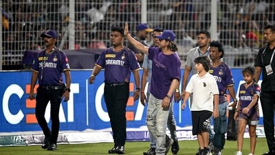 Shah Rukh was seen cheering for his team Kolkata Knight Riders during the match. KKR is now in the second place with six wins and three losses, giving them 12 points. (AFP) Shah Rukh was seen cheering for his team Kolkata Knight Riders during the match. KKR is now in the second place with six wins and three losses, giving them 12 points. (AFP)