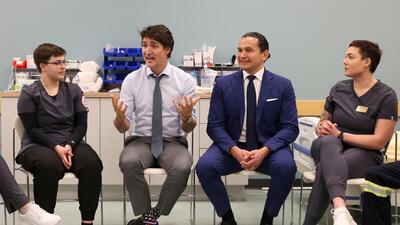 Canada’s Prime Minister Justin Trudeau speaks as he and Manitoba Premier Wab Kinew meet with students at Red River College Polytechnic in Winnipeg, Manitoba. (REUTERS) Canada’s Prime Minister Justin Trudeau speaks as he and Manitoba Premier Wab Kinew meet with students at Red River College Polytechnic in Winnipeg, Manitoba. (REUTERS)