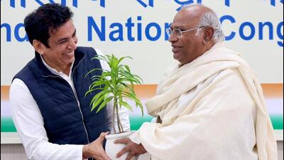 Congress leader Devender Yadav with party national president Mallikarjun Kharge. (Photo from X) Congress leader Devender Yadav with party national president Mallikarjun Kharge. (Photo from X)