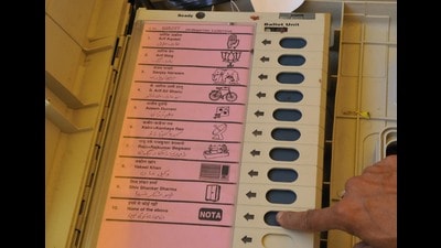 Each EVM can cater to a maximum of 64 candidates (including NOTA) with a provision for 16 candidates in one ballot unit. If the total number of candidates exceeds 16, a second balloting unit can be linked in series to the first unit. (REPRESENTATIVE PIC) Each EVM can cater to a maximum of 64 candidates (including NOTA) with a provision for 16 candidates in one ballot unit. If the total number of candidates exceeds 16, a second balloting unit can be linked in series to the first unit. (REPRESENTATIVE PIC)