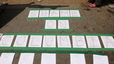 Students at Columbia University continue to maintain a protest encampment in support of Palestinians and wrote a message at the entrance to camp responding to a letter issued to the protest encampment by university officials setting a 2pm deadline to disband or face suspension (REUTERS)