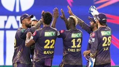 Kolkata Knight Riders bowler Andre Russell celebrates the wicket of SRH batter Abhishek Sharma (PTI) Kolkata Knight Riders bowler Andre Russell celebrates the wicket of SRH batter Abhishek Sharma (PTI)