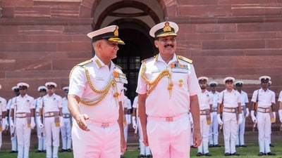 Admiral Dinesh Kumar Tripathi (R) with outgoing Navy Chief Adm R. Hari Kumar before assuming charge as the 26th Navy chief. (PTI) Admiral Dinesh Kumar Tripathi (R) with outgoing Navy Chief Adm R. Hari Kumar before assuming charge as the 26th Navy chief. (PTI)