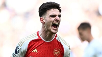 Arsenal's Declan Rice celebrates after the match against Tottenham Hotspur. (REUTERS)