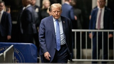 Former US President Donald Trump walks to speak to the press at the end of the day of his trial for allegedly covering up hush money payments linked to extramarital affairs, at Manhattan Criminal Court in New York City on April 26, 2024. (Photo by Curtis Means / POOL / AFP) (AFP) Former US President Donald Trump walks to speak to the press at the end of the day of his trial for allegedly covering up hush money payments linked to extramarital affairs, at Manhattan Criminal Court in New York City on April 26, 2024. (Photo by Curtis Means / POOL / AFP) (AFP)