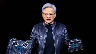 Nvidia's CEO Jensen Huang displays products on-stage during the annual Nvidia GTC Artificial Intelligence Conference at SAP Center in San Jose, California. (AFP) Nvidia's CEO Jensen Huang displays products on-stage during the annual Nvidia GTC Artificial Intelligence Conference at SAP Center in San Jose, California. (AFP)