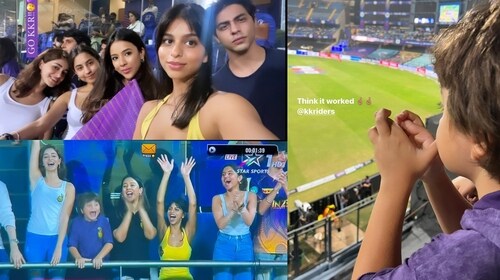 AbRam, Ananya, Suhana and Aryan cheering for KKR at IPL 2022 AbRam, Ananya, Suhana and Aryan cheering for KKR at IPL 2022