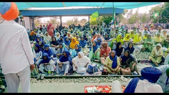 Farmers during their ongoing ‘rail roko’ protest at Shambhu Railway Station in Patiala on Monday. (ANI)