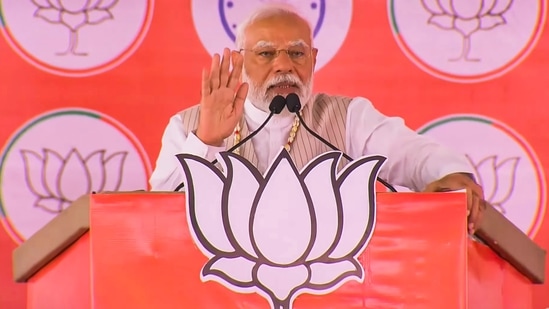 Prime Minister Narendra Modi addresses a public meeting for Lok Sabha elections, in Dharashiv, Maharashtra, Tuesday, April 30, 2024. (PTI)