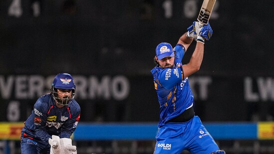 Tim David also gave a final push to Mumbai Indians innings with his 35-run* knock to help them cross the 140-run knock.(PTI)