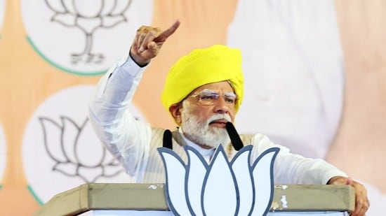Prime Minister Narendra Modi addresses a public meeting for Lok Sabha polls, in Latur on Tuesday. (BJP )