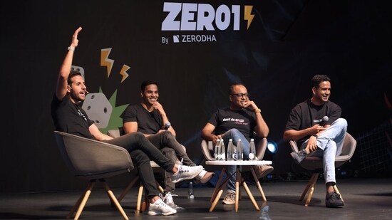 The image shows Nithin Kamath in conversation with others at the Zero1 Fest. It is his first public appearance since his stroke. (X/@Nithin0dha)
