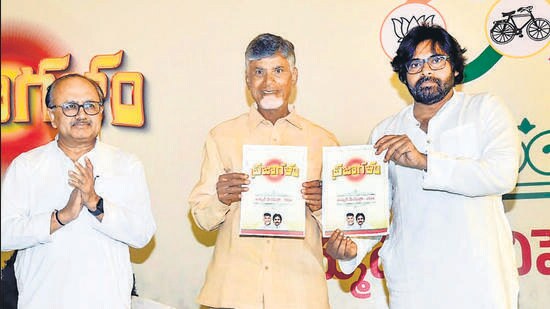 TDP chief N Chandrababu Naidu and Jana Sena chief Pawan Kalyan during the release of manifesto of NDA alliance in Andhra Pradesh, on Tuesday. (PTI)