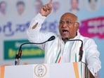 Congress president Mallikarjun Kharge addresses a public meeting ahead of the Lok Sabha elections. (ANI Photo)(ANI)