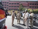Police and fire department personnel outside Mother Mary's School at Mayur Vihar after multiple schools received a bomb threat in Delhi-NCR