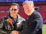 Salman Khan poses with UK MP Barry Gardiner in Wembley, London.