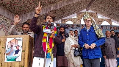 AICC General Secretary Ghulam Ahmad Mir addresses an INDIA bloc election rally alongside Jammu and Kashmir National Conference (JKNC) leader Omar Abdullah, in Anantnag district, UT of Jammu & Kashmir. (PTI) AICC General Secretary Ghulam Ahmad Mir addresses an INDIA bloc election rally alongside Jammu and Kashmir National Conference (JKNC) leader Omar Abdullah, in Anantnag district, UT of Jammu & Kashmir. (PTI)