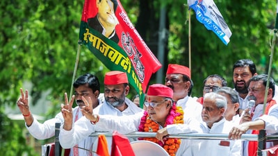 Samajwadi Party (SP) candidate from Lucknow Ravidas Mehrotra along with party leaders during a roadshow, in Lucknow, Uttar Pradesh. (ANI) Samajwadi Party (SP) candidate from Lucknow Ravidas Mehrotra along with party leaders during a roadshow, in Lucknow, Uttar Pradesh. (ANI)