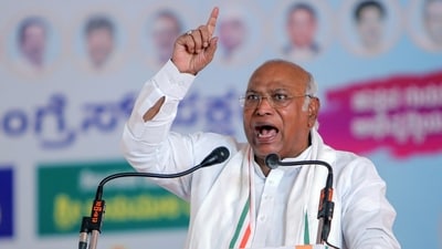Congress president Mallikarjun Kharge addresses a public meeting ahead of the Lok Sabha elections. (ANI Photo) (ANI) Congress president Mallikarjun Kharge addresses a public meeting ahead of the Lok Sabha elections. (ANI Photo) (ANI)