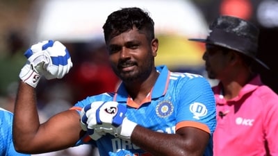 India's Sanju Samson celebrates his century with Rinku Singh. (REUTERS)