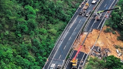 In this photo released by Xinhua News Agency, an aerial photo shows rescuers work at the site of a collapsed road section of the Meizhou-Dabu Expressway in Meizhou, south China's Guangdong Province, Wednesday, May 1, 2024. A section of a highway collapsed early Wednesday in southern China leaving more than a dozen of people dead, local officials said, after the area had experienced heavy rain in recent days. (Xinhua News Agency via AP) (AP) In this photo released by Xinhua News Agency, an aerial photo shows rescuers work at the site of a collapsed road section of the Meizhou-Dabu Expressway in Meizhou, south China's Guangdong Province, Wednesday, May 1, 2024. A section of a highway collapsed early Wednesday in southern China leaving more than a dozen of people dead, local officials said, after the area had experienced heavy rain in recent days. (Xinhua News Agency via AP) (AP)