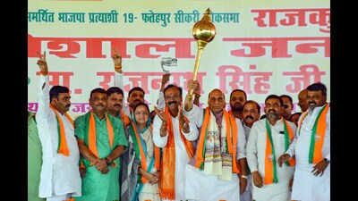 Defence Minister Rajnath Singh during a public meeting in support of BJP candidate from Fatehpur Sikri Rajkumar Chahar, for Lok Sabha elections, in Agra, Wednesday (PTI) Defence Minister Rajnath Singh during a public meeting in support of BJP candidate from Fatehpur Sikri Rajkumar Chahar, for Lok Sabha elections, in Agra, Wednesday (PTI)