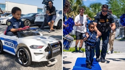 The image shows a four-year-old kid battling kidney disease who became an honorary cop at the Orlando Police Department. (Facebook/Orlando Police Department ) The image shows a four-year-old kid battling kidney disease who became an honorary cop at the Orlando Police Department. (Facebook/Orlando Police Department )