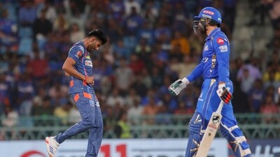 Mayank Yadav (L) in pain right after dismissing Mohammad Nabi during LSG's match against MI (AP) Mayank Yadav (L) in pain right after dismissing Mohammad Nabi during LSG's match against MI (AP)