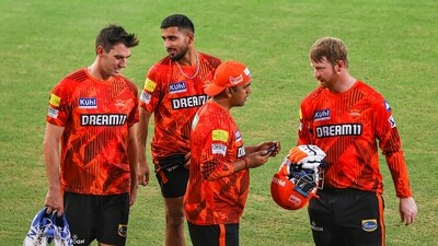 Sunrisers Hyderabad (SRH) captain Pat Cummins with teammates during a training session (PTI) Sunrisers Hyderabad (SRH) captain Pat Cummins with teammates during a training session (PTI)
