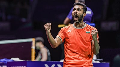India's HS Prannoy celebrates during his singles match against Indonesia's Anthony Sinisuka Ginting at the Thomas Cup 2024 (PTI)