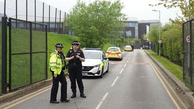 Police stand outside the Birley Academy in Sheffield, northern England, on Wednesday, May 1, 2024. (AP) Police stand outside the Birley Academy in Sheffield, northern England, on Wednesday, May 1, 2024. (AP)