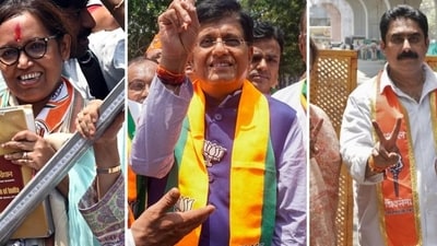 Union minister and BJP candidate Piyush Goyal (centre) has filed his nomination from the Mumbai North constituency. While the Congress candidate Varsha Gaikwad (L) filed from Mumbai North Central, Shiv Sena (UBT) Sanjay Dina Patil filed from Mumbai North East constituency. Union minister and BJP candidate Piyush Goyal (centre) has filed his nomination from the Mumbai North constituency. While the Congress candidate Varsha Gaikwad (L) filed from Mumbai North Central, Shiv Sena (UBT) Sanjay Dina Patil filed from Mumbai North East constituency.